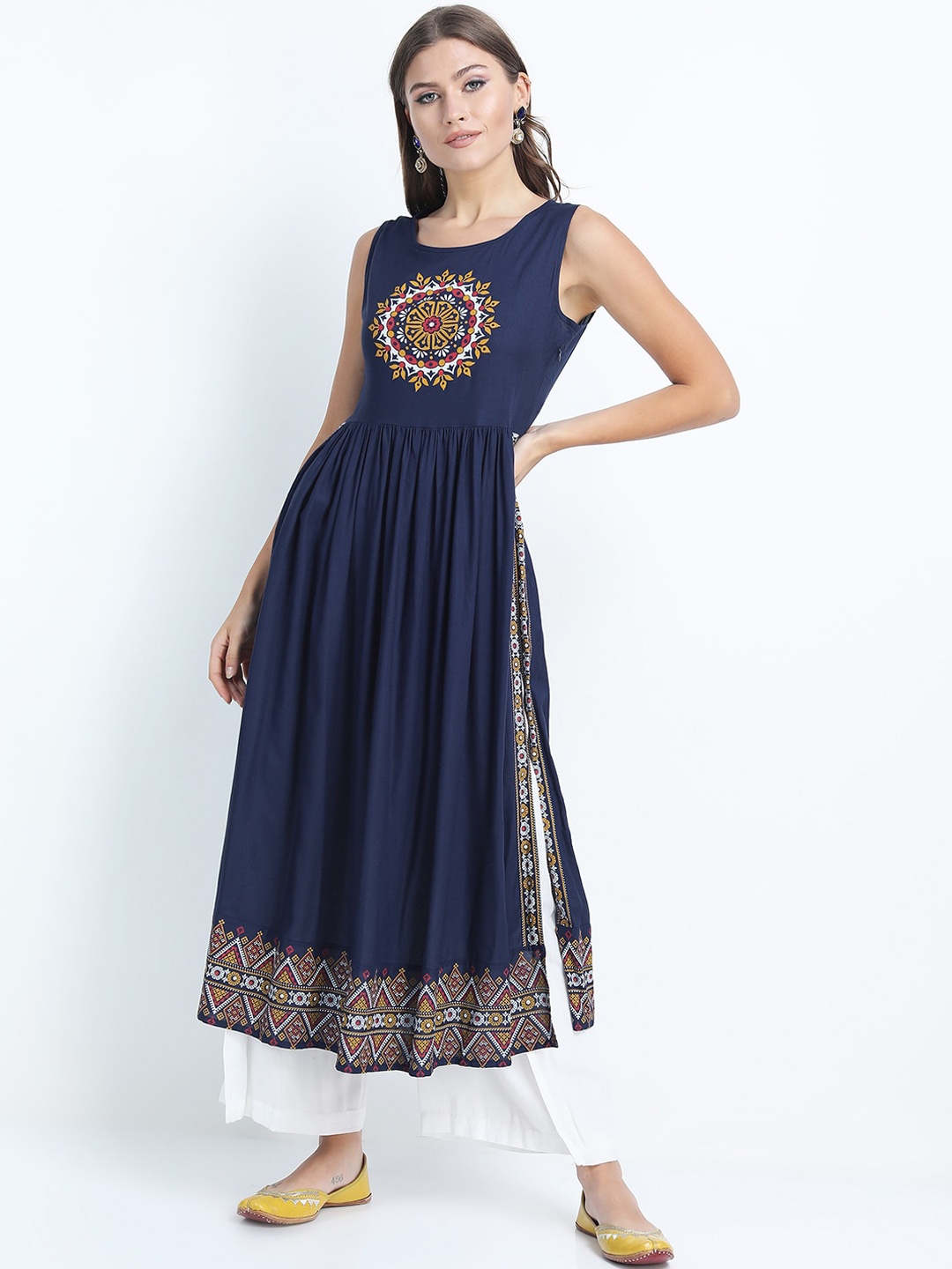 

Vishudh Women Blue Ethnic Motifs Yoke Design Kurta