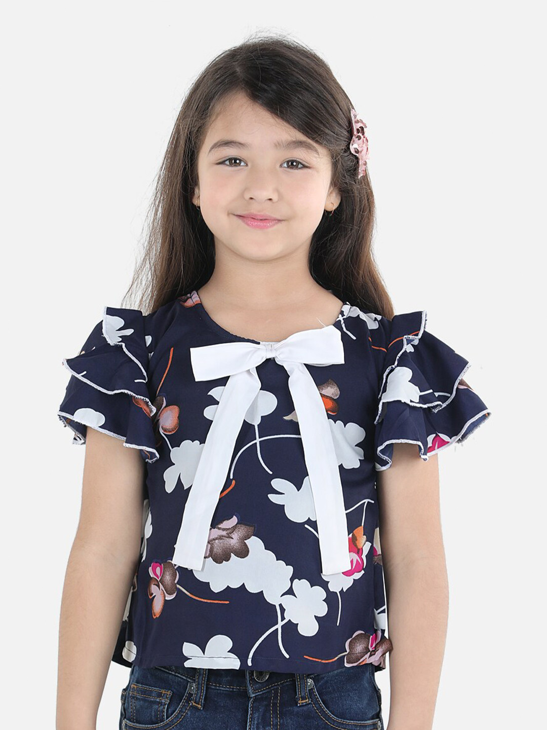 

Cutiekins Girls Navy Blue & White Floral Print Ruffles & Bow Detail Crepe Top