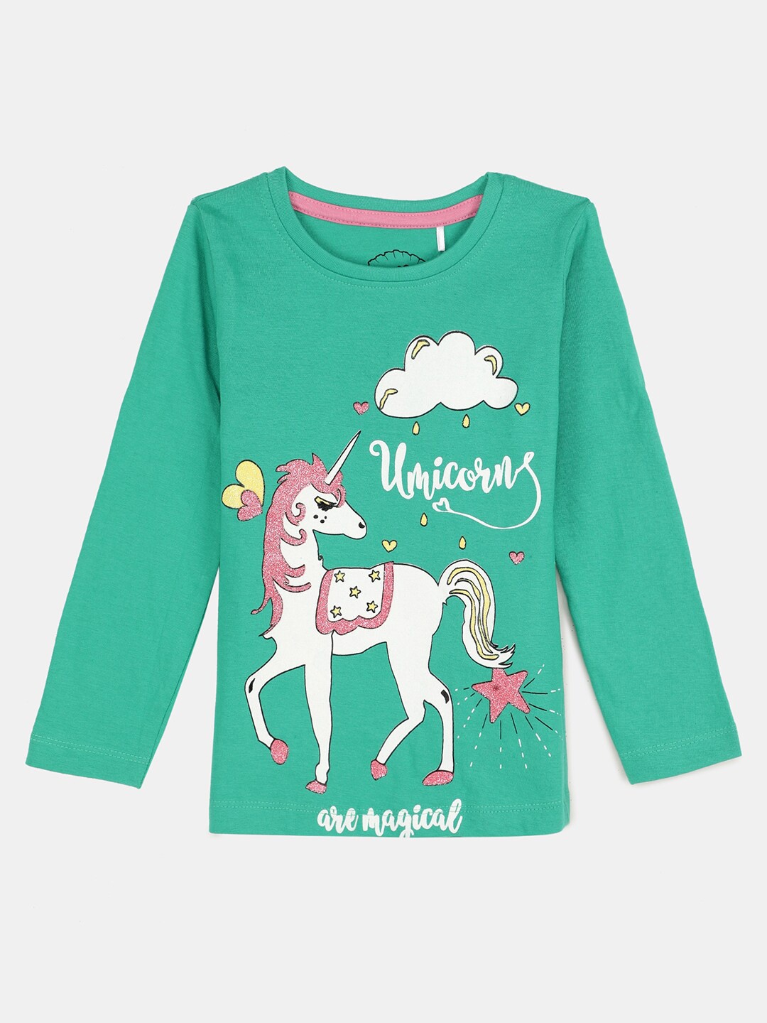 

Hopscotch Girls Green & White Printed Pure Cotton T-shirt