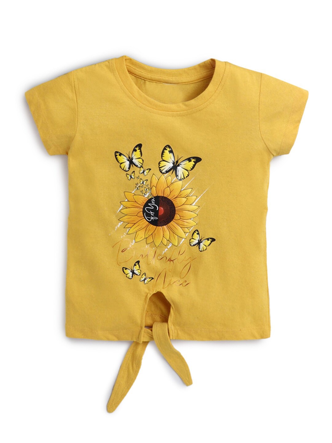 

Hopscotch Girls Yellow Floral Printed Pure Cotton T-shirt