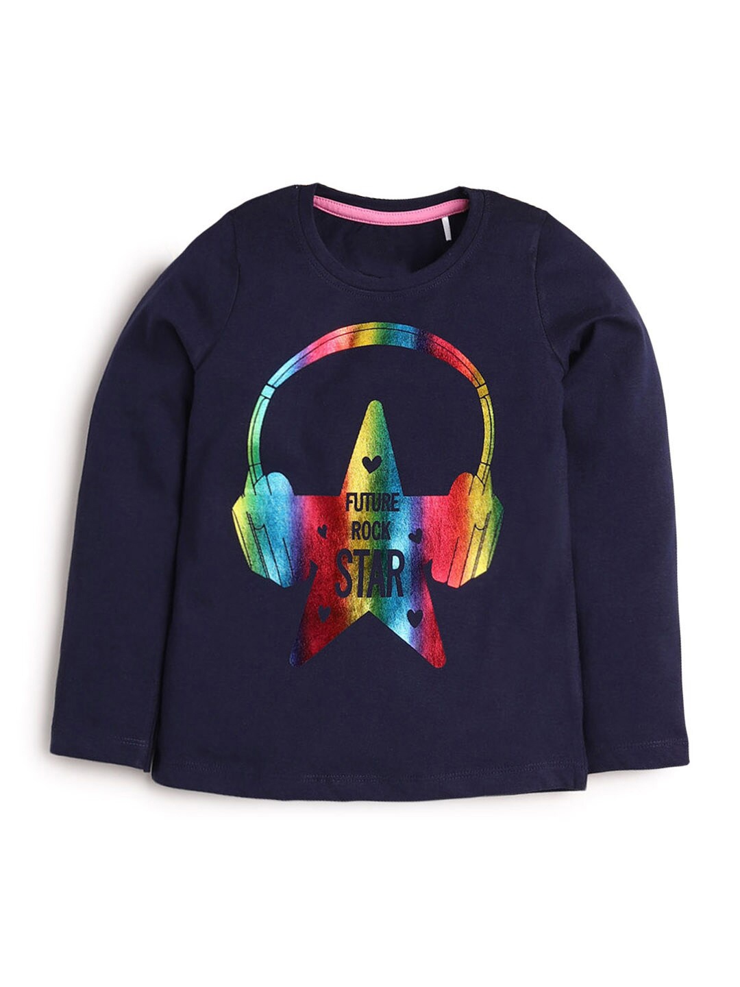 

Hopscotch Girls Navy Blue Printed Pure Cotton T-shirt