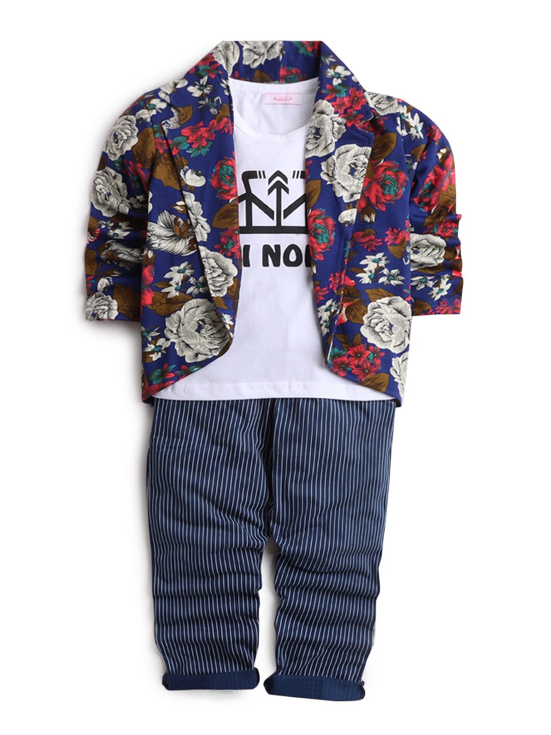 

Hopscotch Boys Navy Blue & White Printed T-shirt & Trousers With Jacket