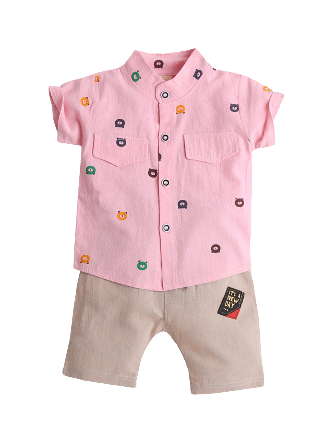 

Hopscotch Boys Pink & Beige Printed Shirt with Shorts