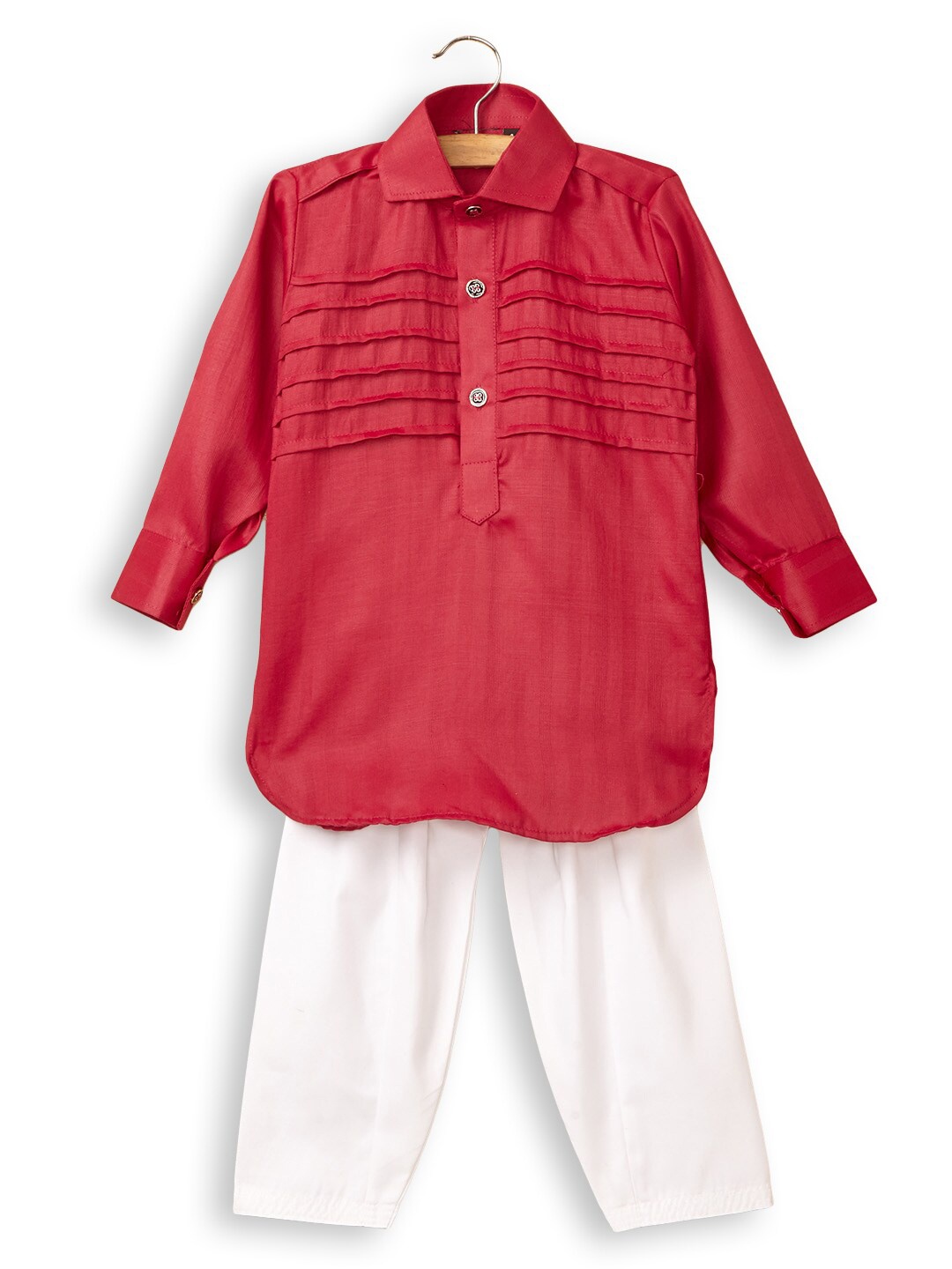 

Hopscotch Boys Maroon Pleated Pure Cotton Pathani Kurta with Salwar