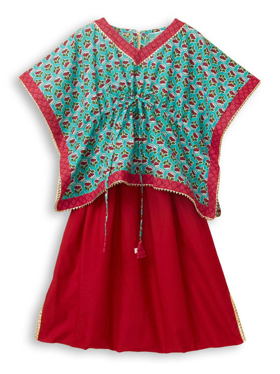 

Hopscotch Girls Teal & Maroon Pure Cotton Printed Top with Skirt