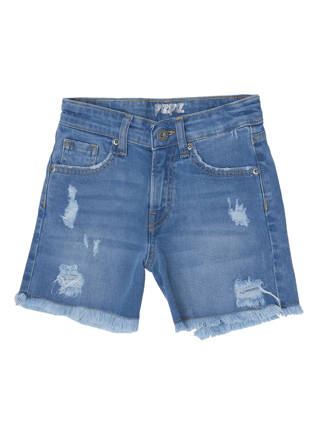 

Pepe Jeans Girls Blue Slim Fit High-Rise Denim Distressed Shorts