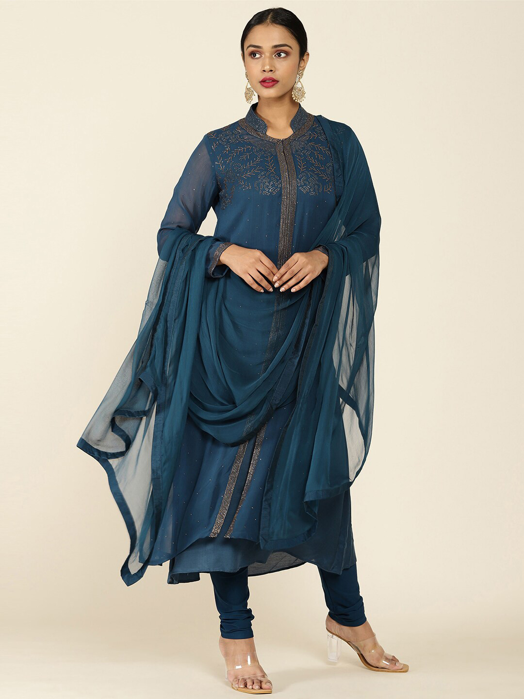 

Soch Women Turquoise Blue Self Design Kurta with Churidar & Dupatta