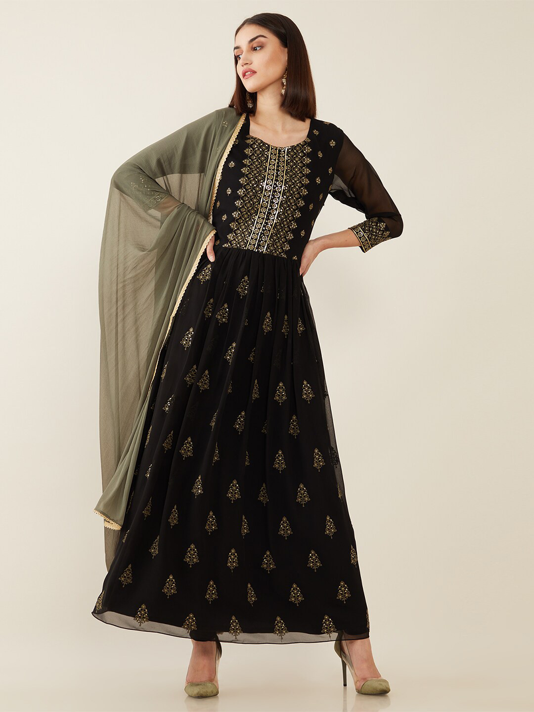 

Soch Women Black Ethnic Motifs Printed Kurta with Leggings & dupatta
