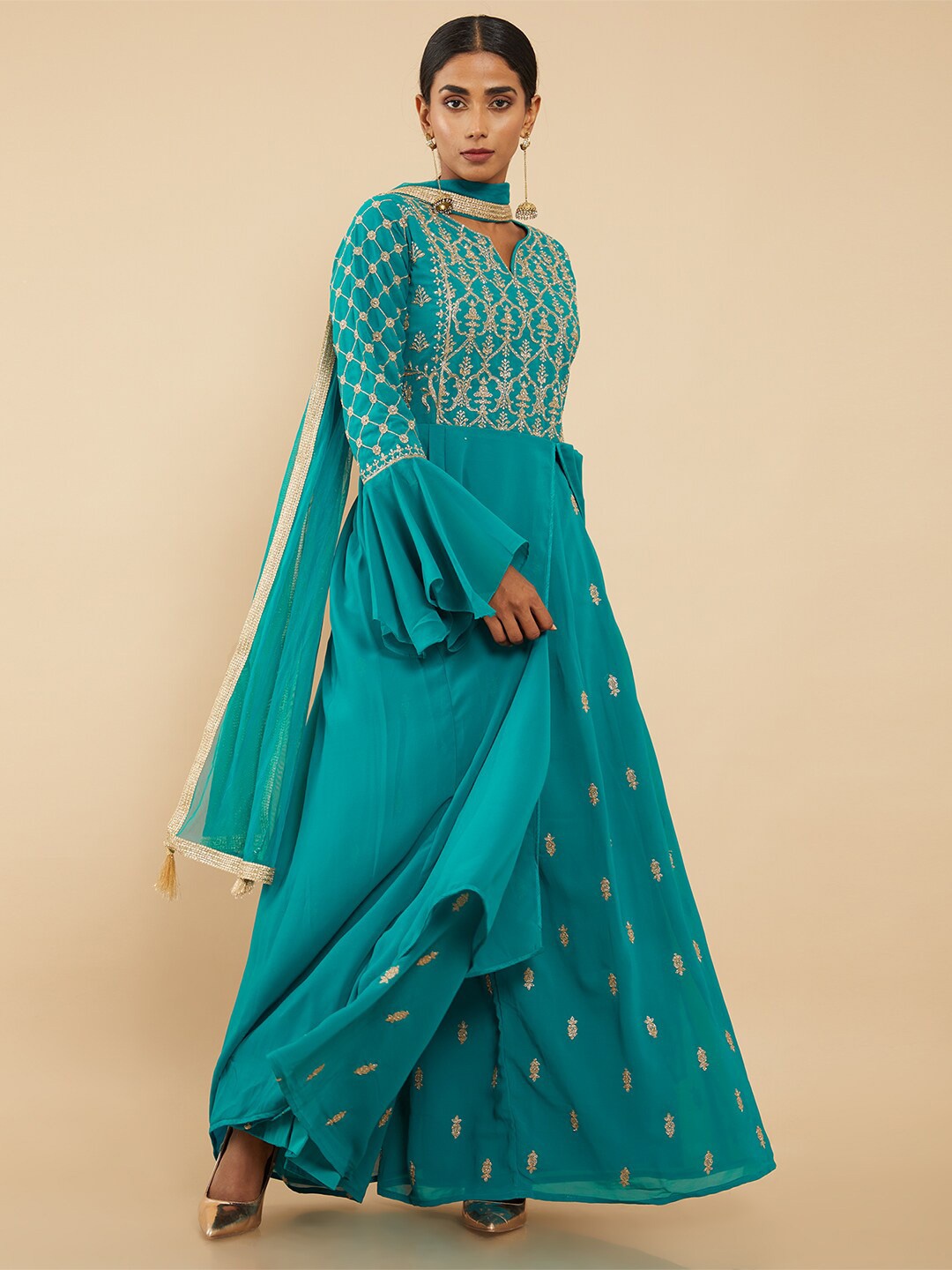 

Soch Women Turquoise Blue Embroidered Kurta & Palazzo with Dupatta