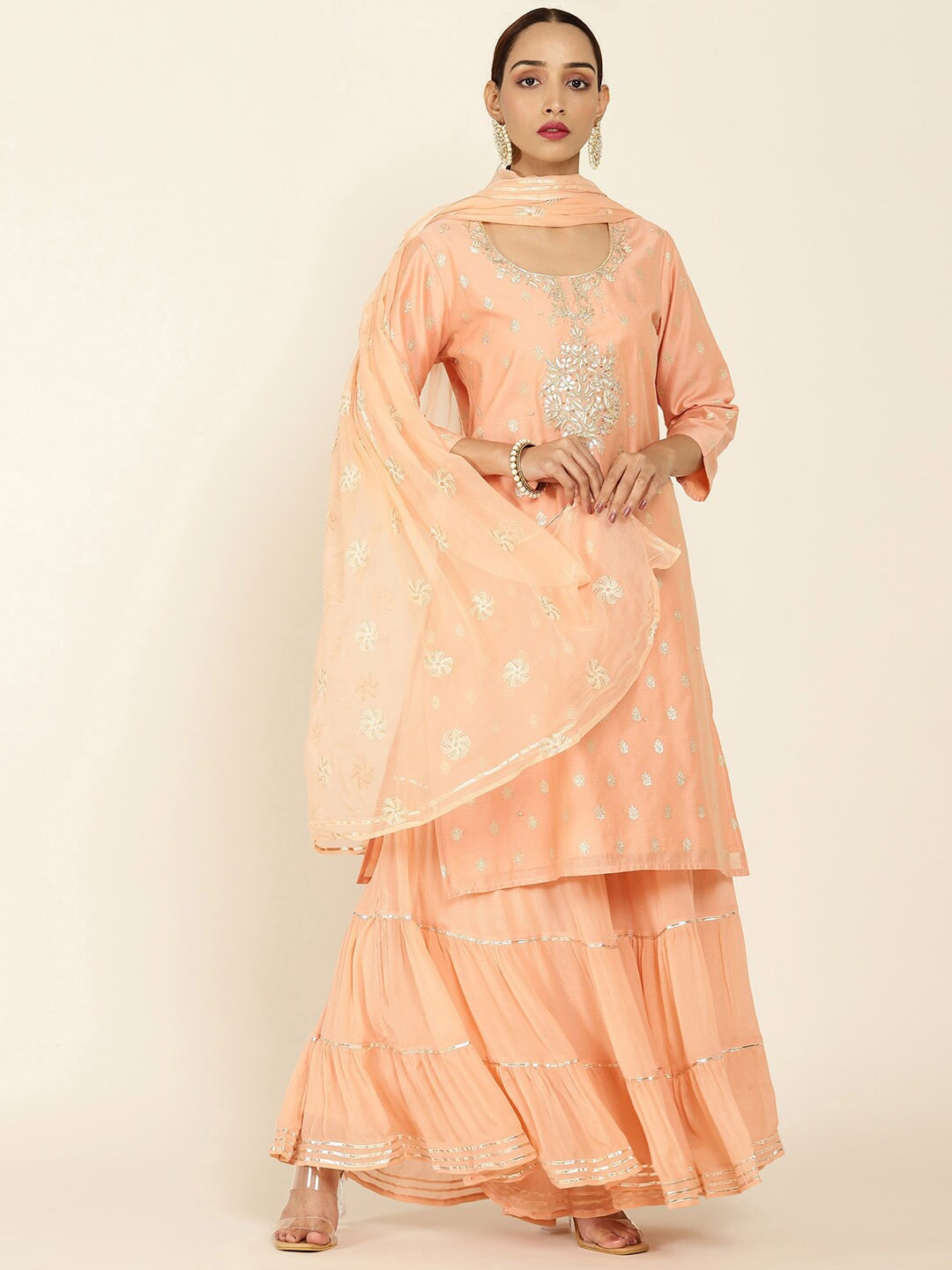 

Soch Women Pink Floral Embroidered Gotta Patti Kurta with Sharara & With Dupatta