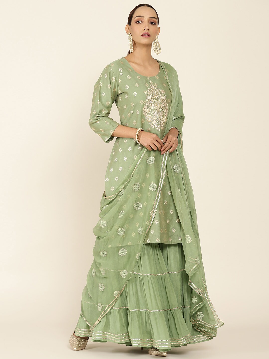 

Soch Women Green & Gold-Toned Ethnic Motifs Embroidered Kurta with Sharara & Dupatta