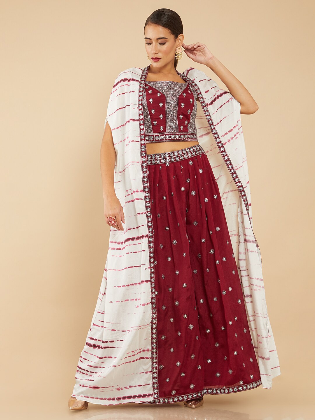 

Soch Women Maroon Embroidered Top & Palazzo with Jacket