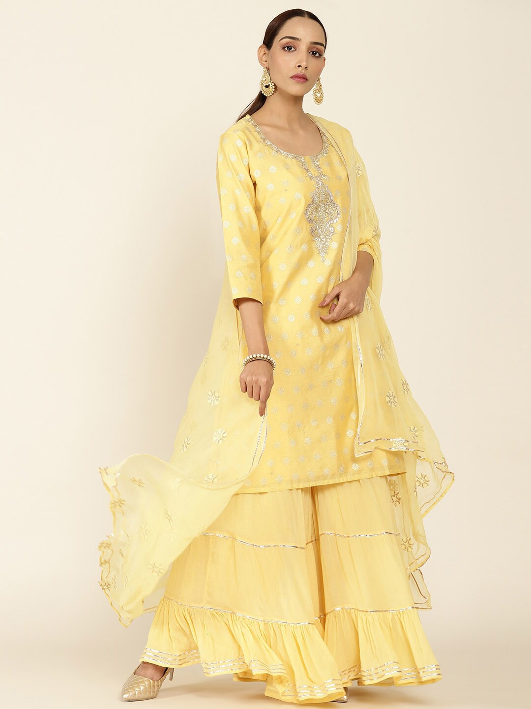 

Soch Women Yellow & Silver-Toned Ethnic Motifs Embroidered Kurta With Sharara & Dupatta