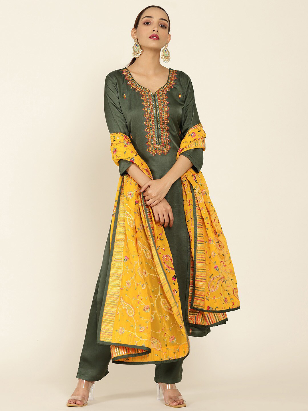 

Soch Women Green Ethnic Motifs Yoke Design Thread Work Kurta with Trousers & With Dupatta