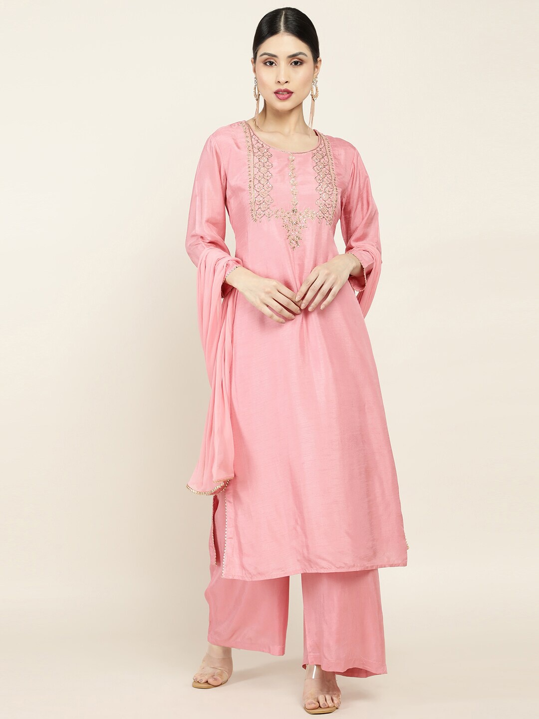 

Soch Women Pink Ethnic Motifs Yoke Design Thread Work Kurta with Palazzos & With Dupatta