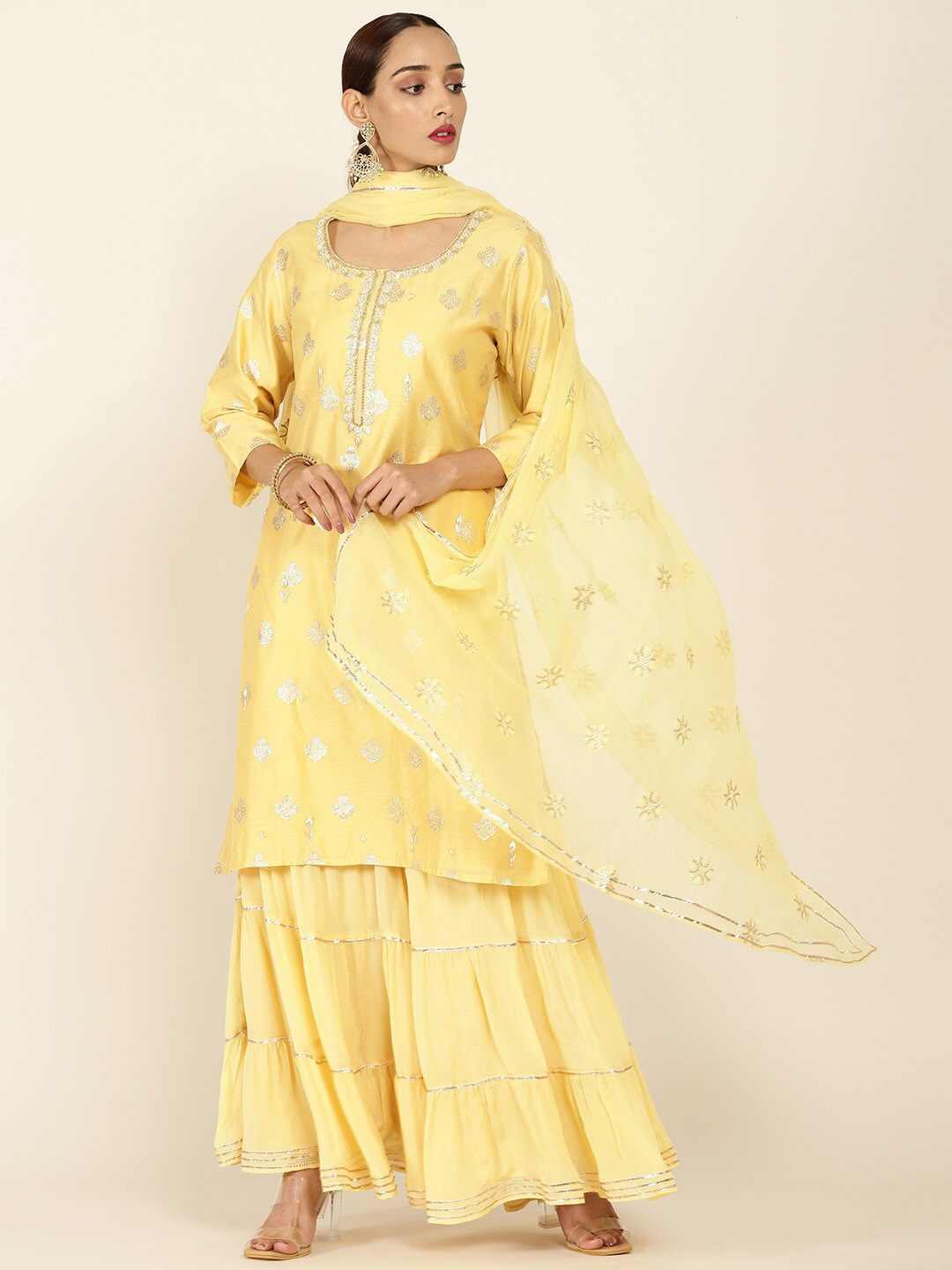 

Soch Woman Mustard Floral Embroidered Gotta Patti Kurta with Sharara & Dupatta, Yellow