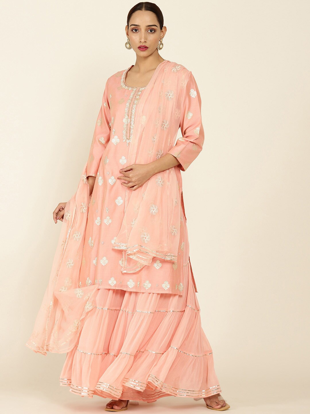 

Soch Women Pink Ethnic Motifs Hand Embroidered Kurta with Sharara & Dupatta