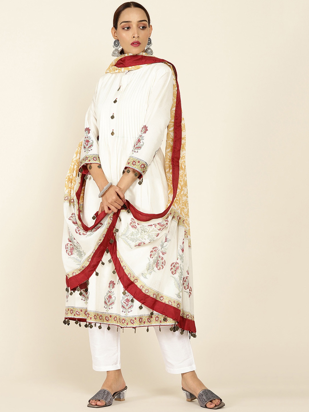 

Soch Women Off- White Ethnic Motifs Printed Pure Silk Kurta with Trousers & Dupatta