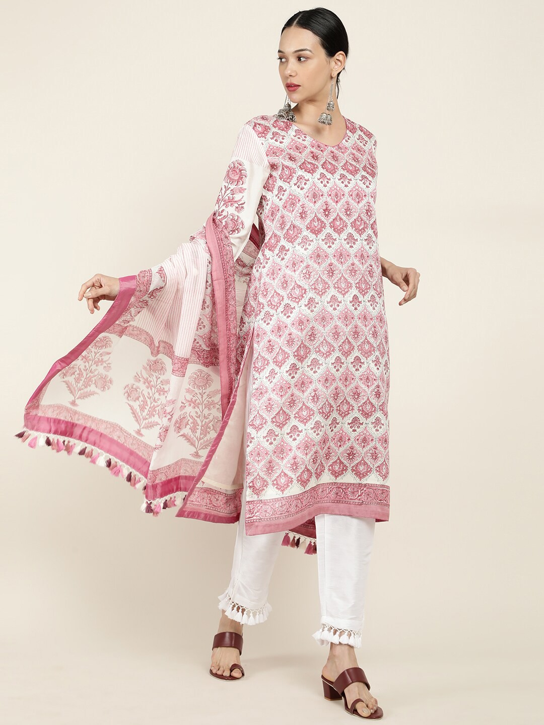 

Soch Women Off White & Pink Ethnic Motifs Printed Kurta & Trouser with Dupatta