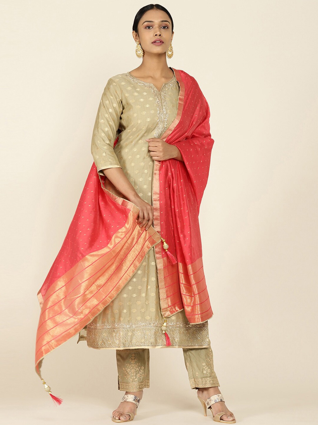 

Soch Women Beige Ethnic Motifs Kurta with Trousers & With Dupatta