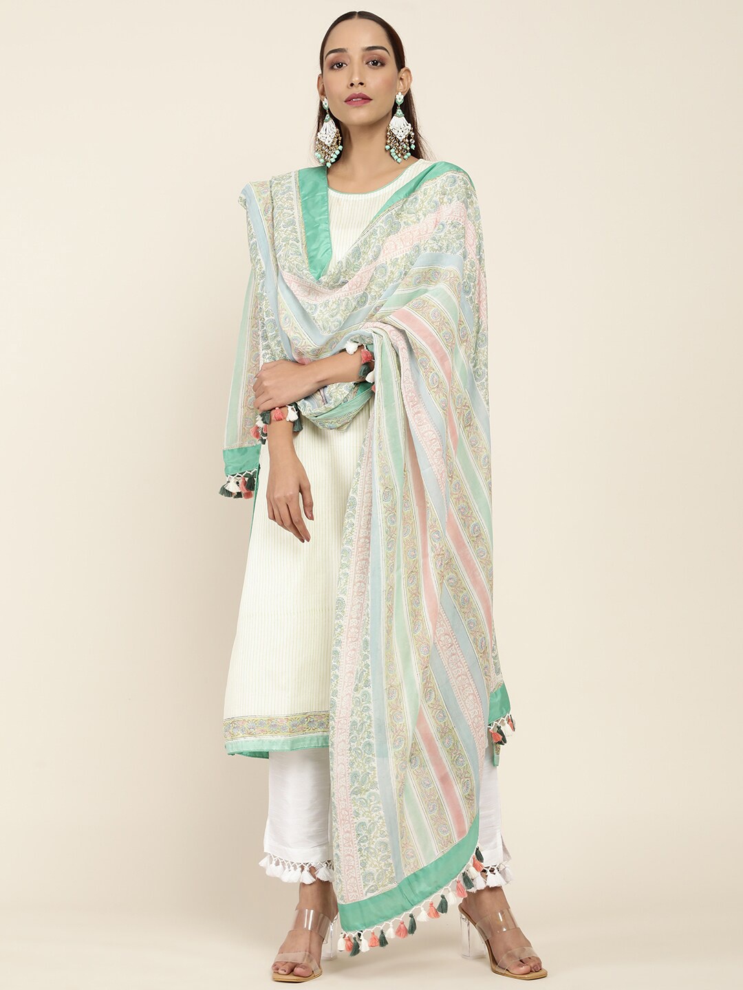

Soch Women White Striped Pure Silk Kurta with Salwar & With Dupatta