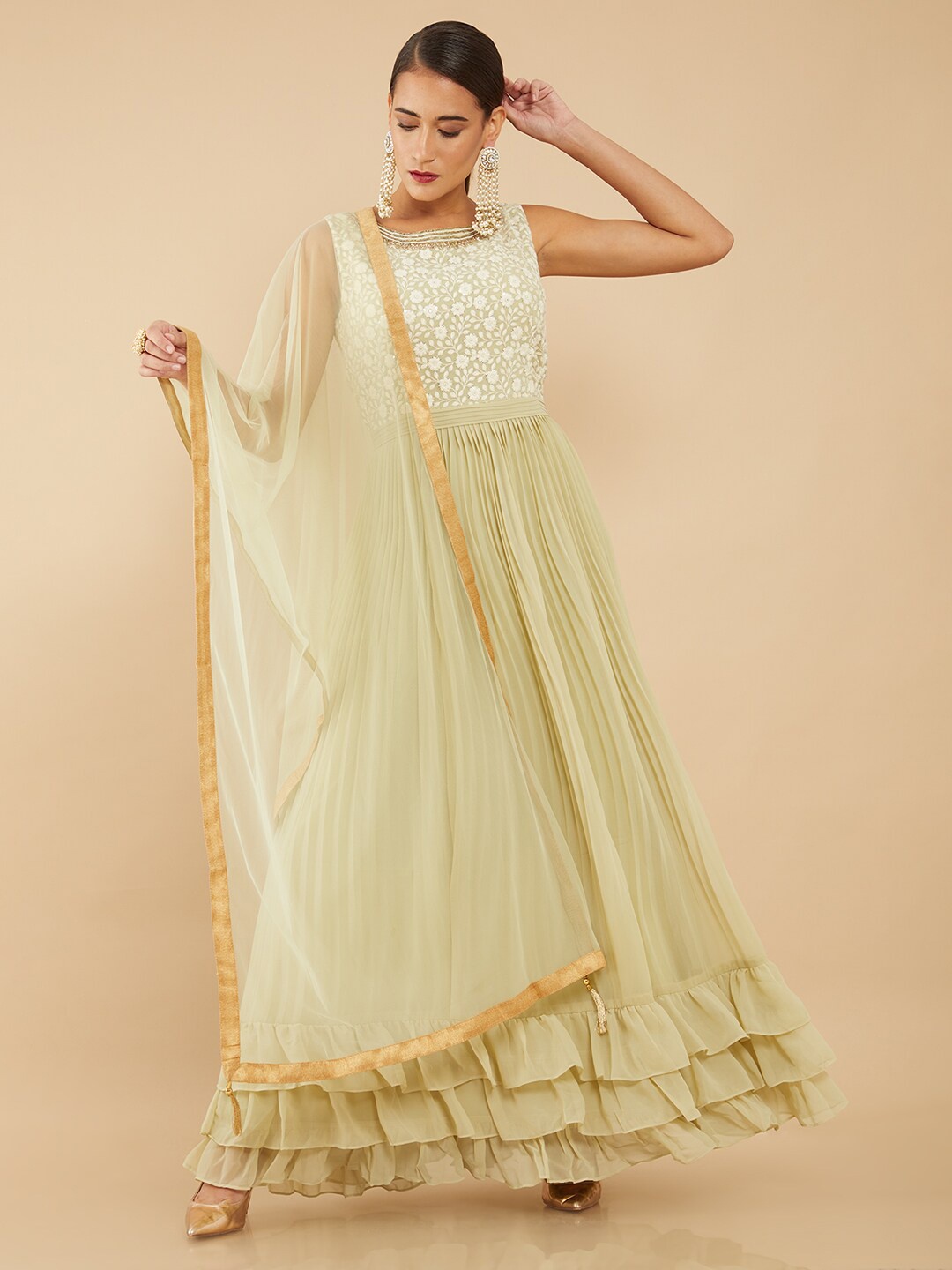 

Soch Women Green Floral Embroidered Anarkali Kurta with Churidar & Dupatta