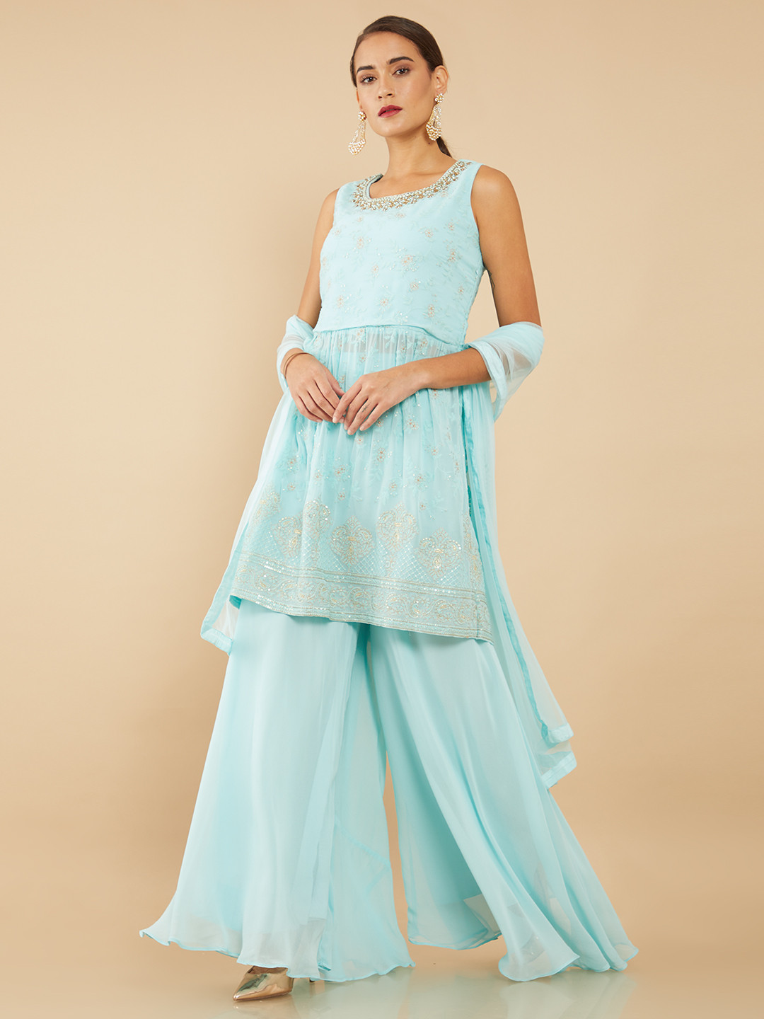 

Soch Women Blue Floral Embroidered Kurti with Palazzos & Dupatta