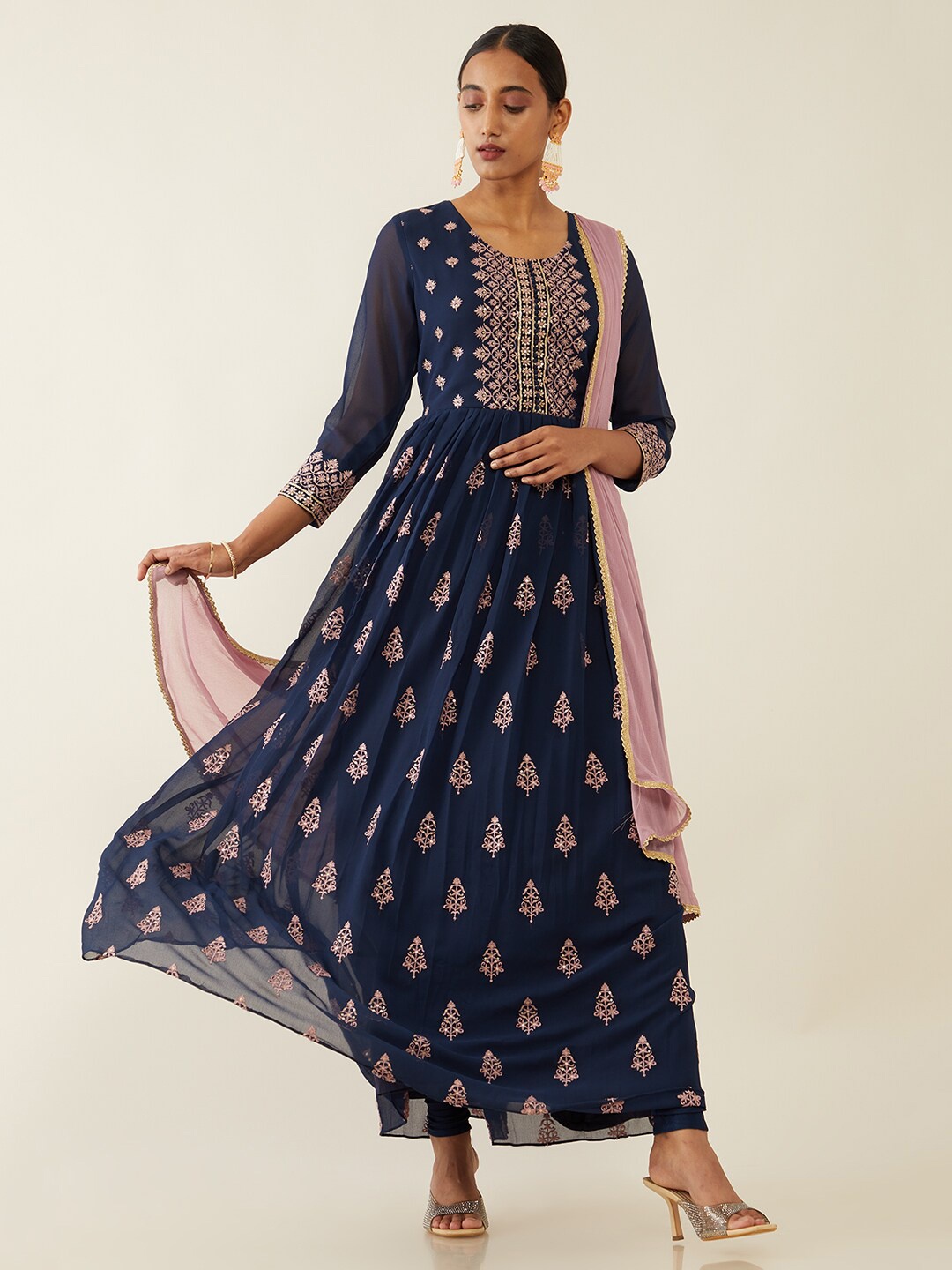 

Soch Women Blue Ethnic Motifs Printed Kurta with Churidar & With Dupatta