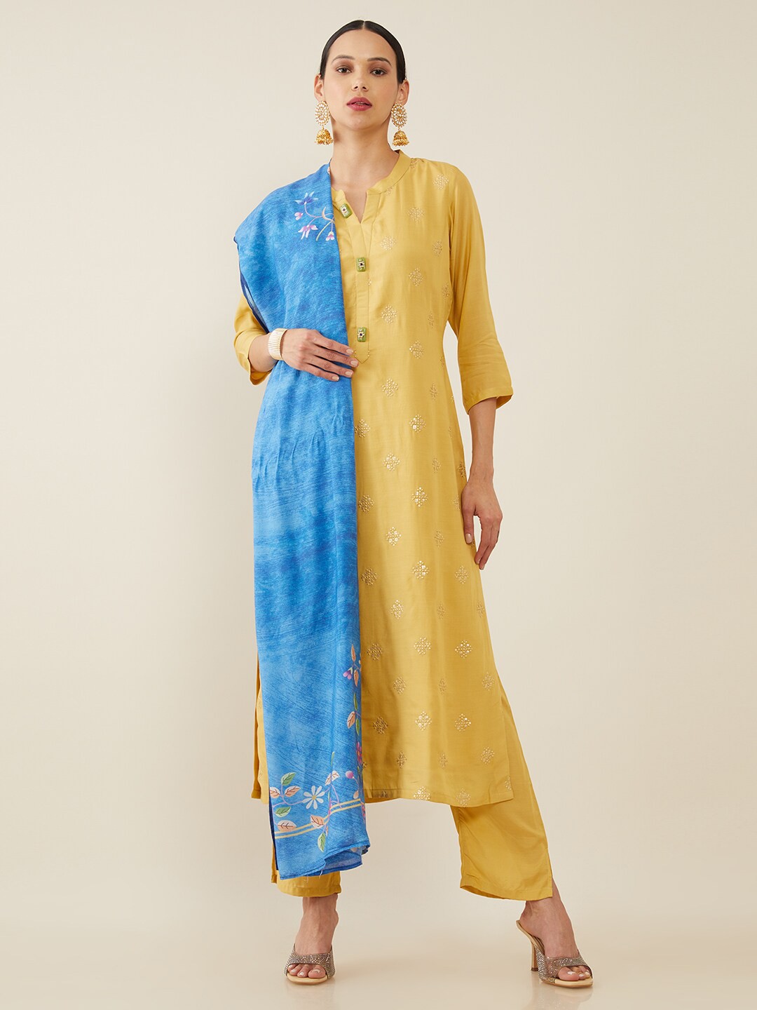

Soch Women Yellow & Blue Embroidered Kurta & Trouser with Dupatta