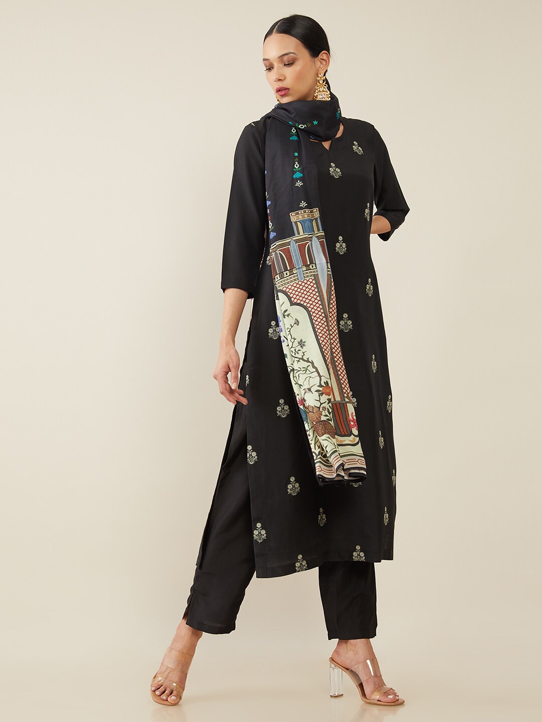 

Soch Women Black Floral Printed Kurta with Trousers & With Dupatta