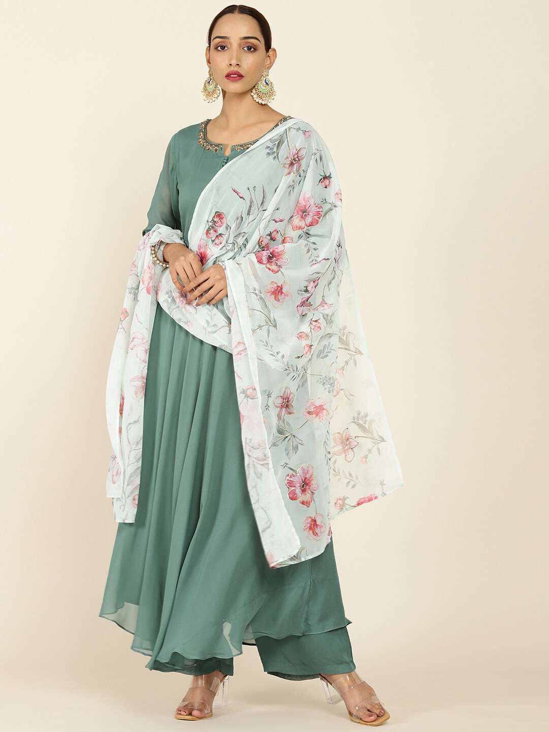 

Soch Women Green Floral Embroidered Beads and Stones Kurta with Palazzos & With Dupatta
