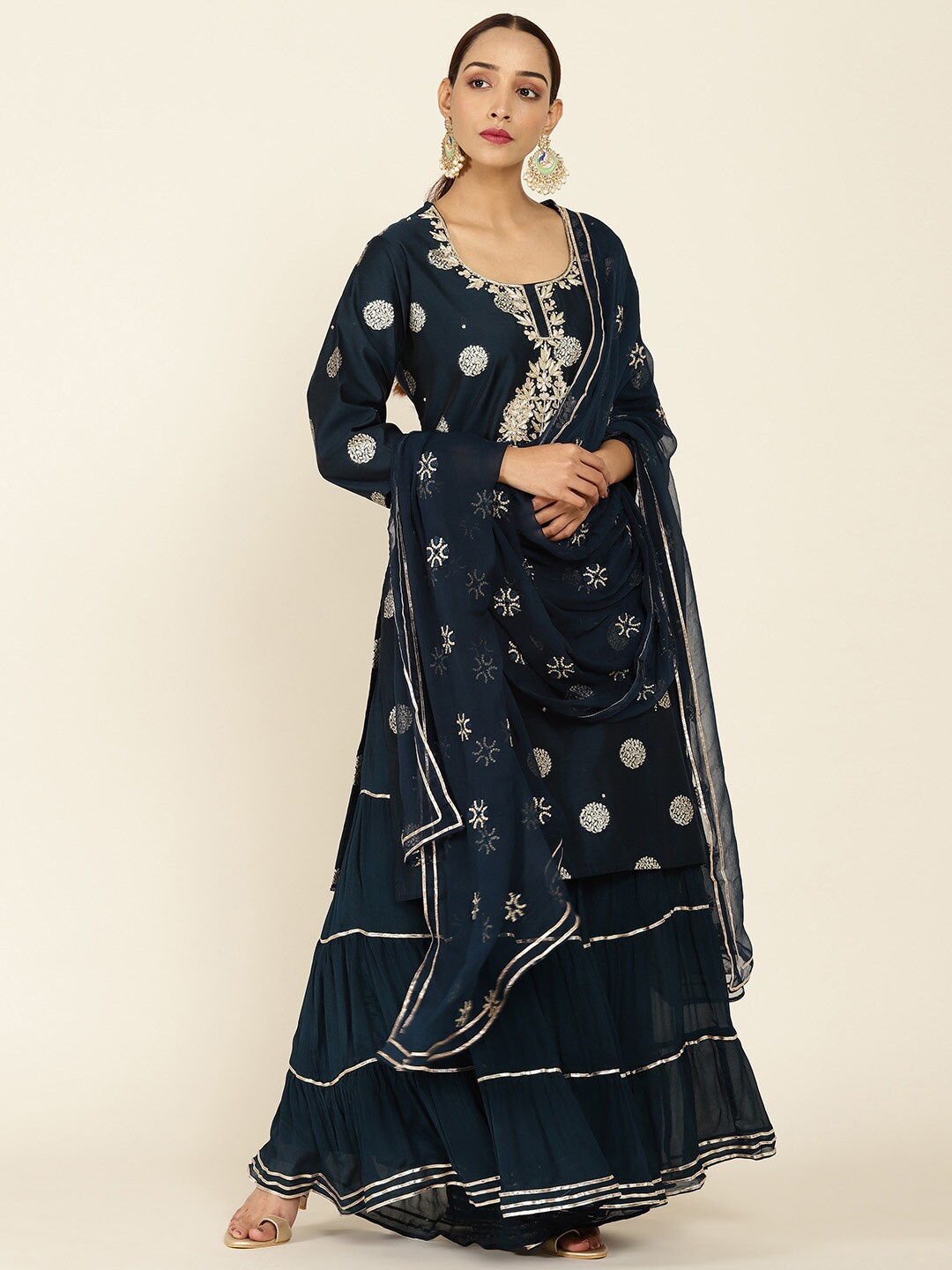 

Soch Women Navy Blue Embroidered Kurta & Sharara with Dupatta