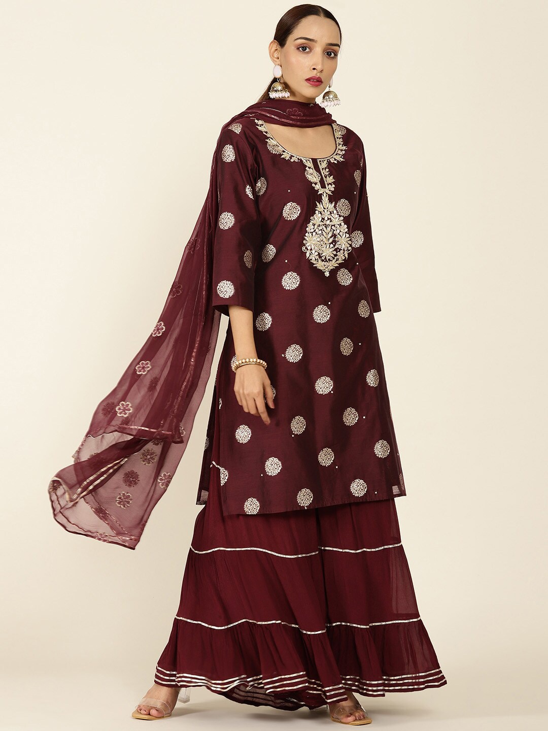 

Soch Women Burgundy Floral Hand Embroidered Kurta with Sharara &Dupatta