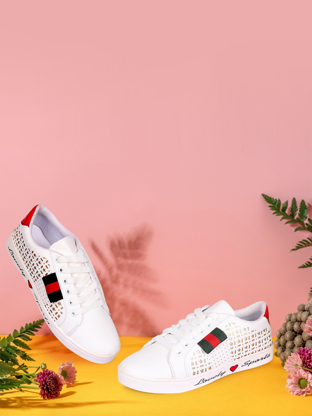 

Longwalk Women White With Gold Laser Cut Sneaker Shoes
