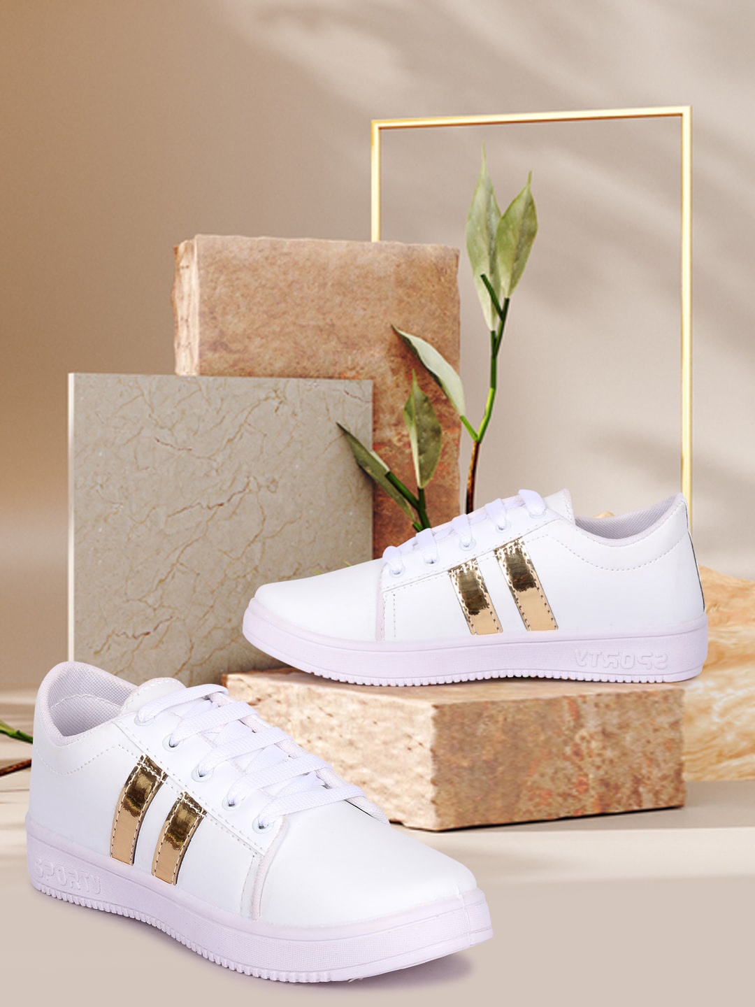 

Longwalk Women White & Gold-Toned Striped PU Sneakers