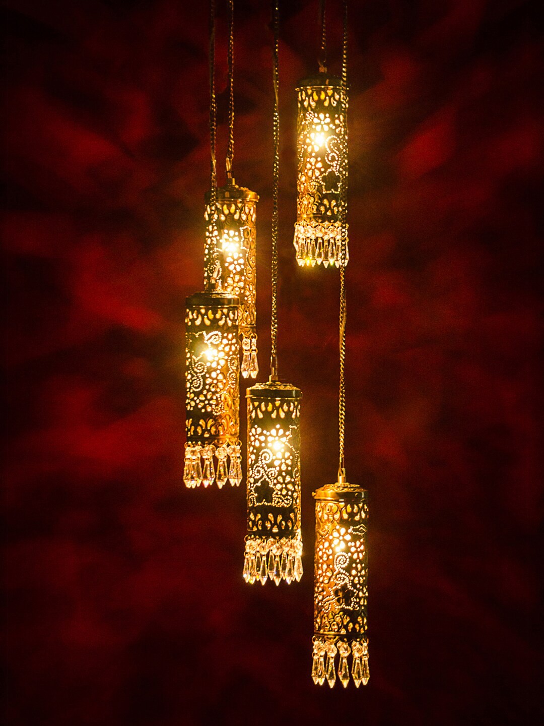 

Fos Lighting Set of 5 Gold-Toned Hand Carved Brass & Crystal Ceiling Lamp