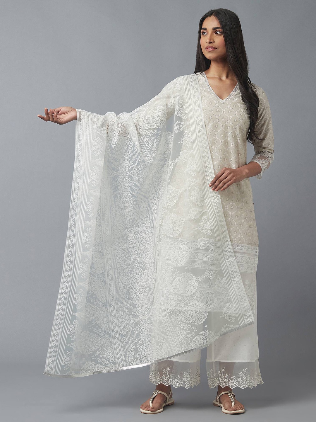 

W White Ethnic Motifs Printed Brasso Organza Dupatta