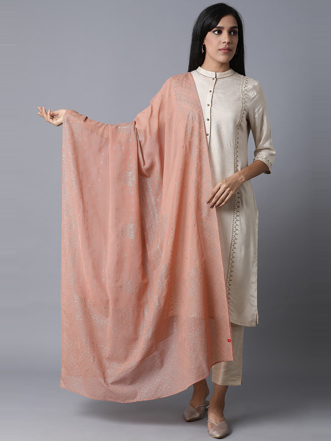 

W Pink & Gold-Toned Ethnic Motifs Printed Foil Print Dupatta