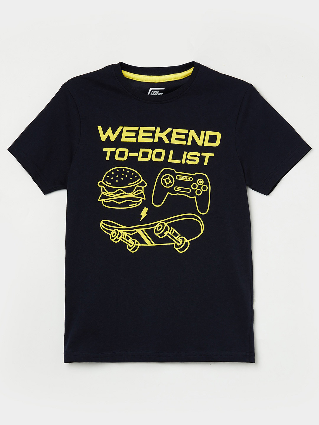 

Fame Forever by Lifestyle Boys Navy Blue & Yellow Typography Printed T-shirt