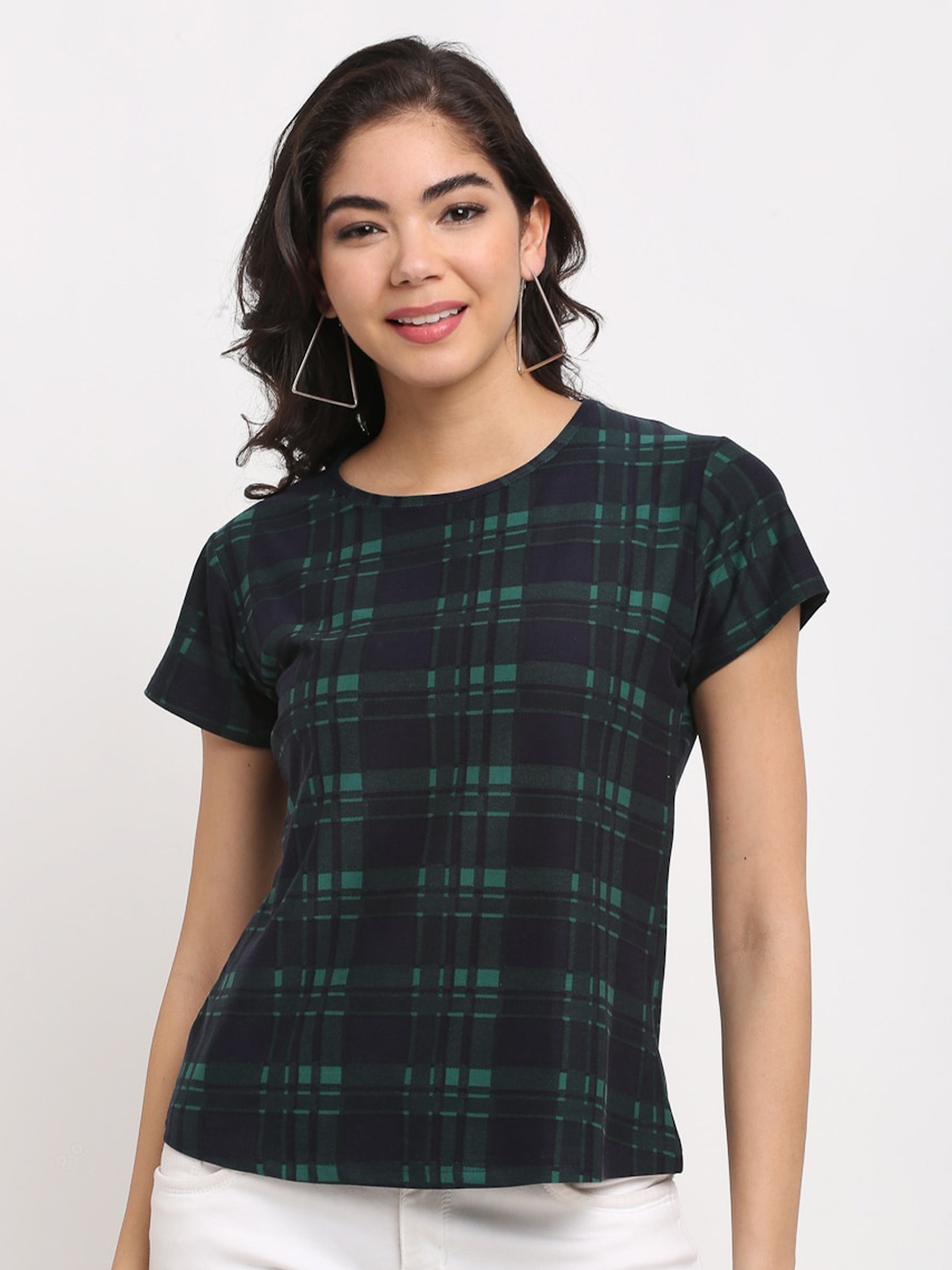 

ANTI CULTURE Women Navy Blue & Green Checked T-shirt