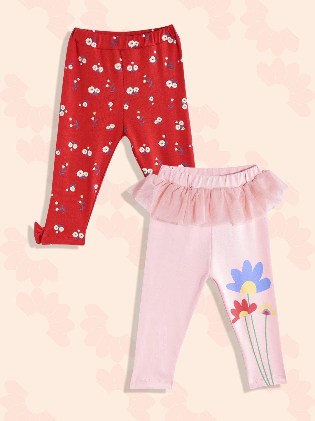 

YK Infant Girls Pack of 2 Printed Pure Cotton Leggings, Red