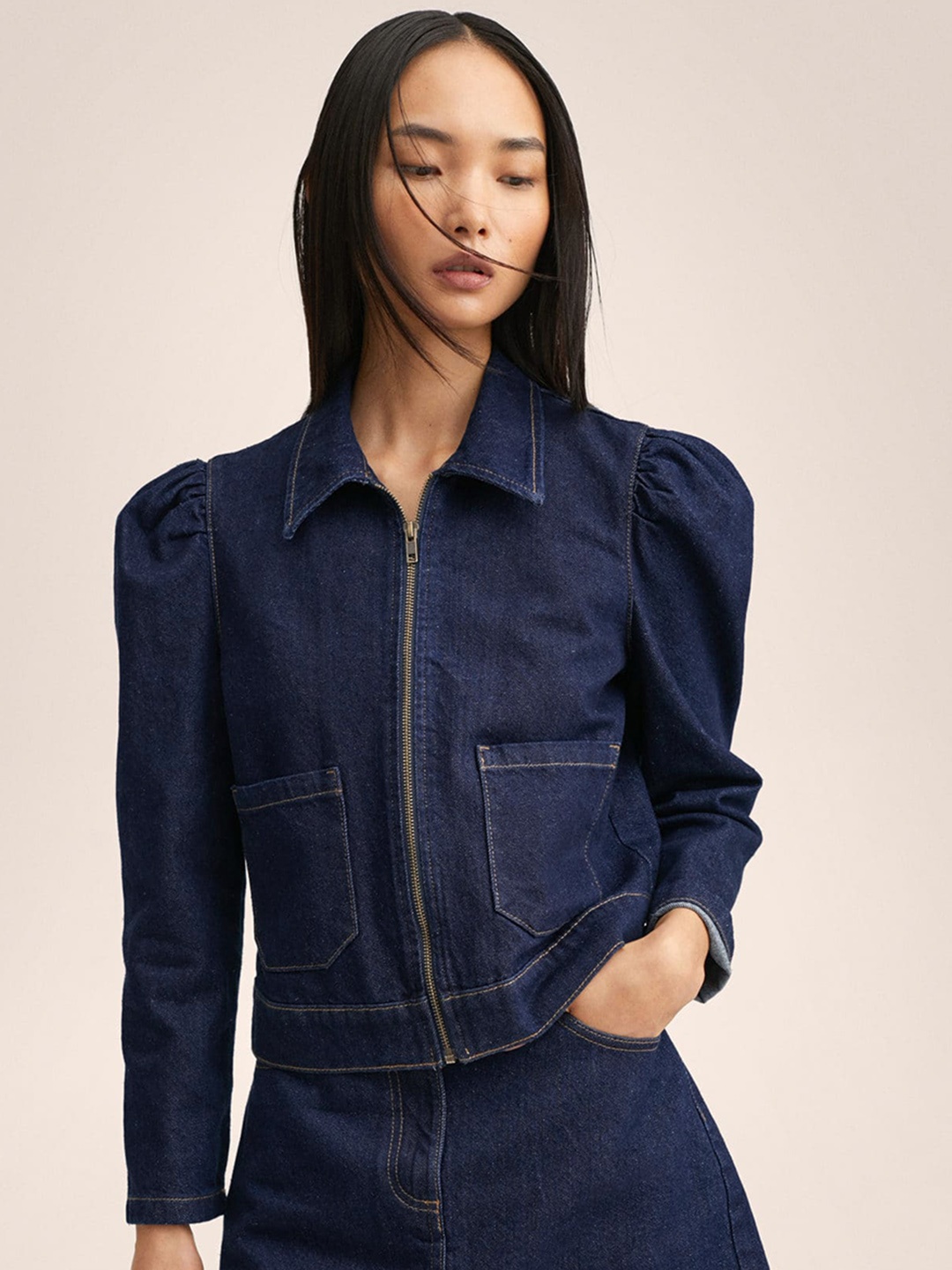 

MANGO Women Navy Blue Solid Pure Cotton Denim Jacket