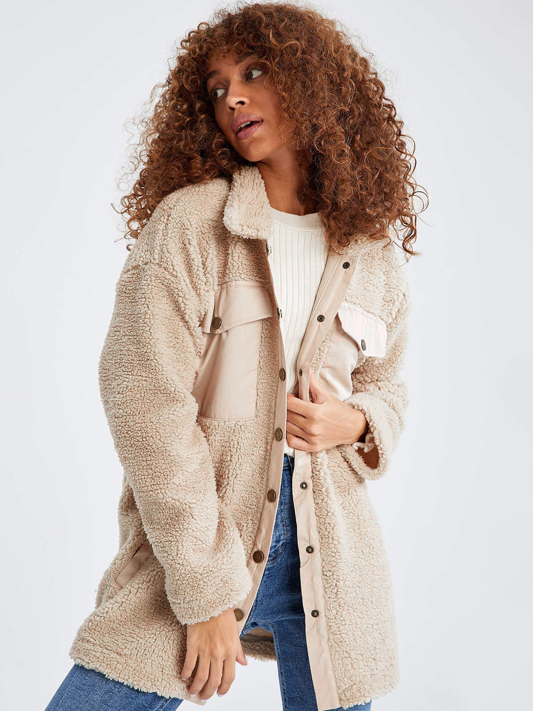 

DeFacto Women Beige Sherpa Shacket with Oversized Pocket