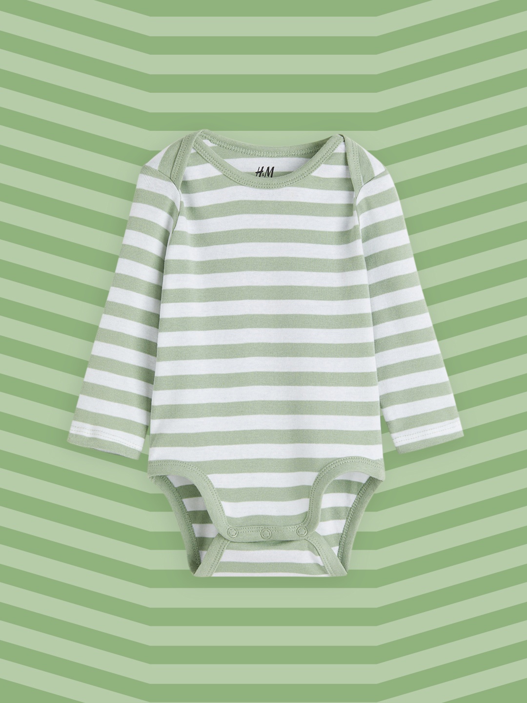 

H&M Infant Girls Green & White Striped Long-Sleeved Pure Cotton Bodysuit