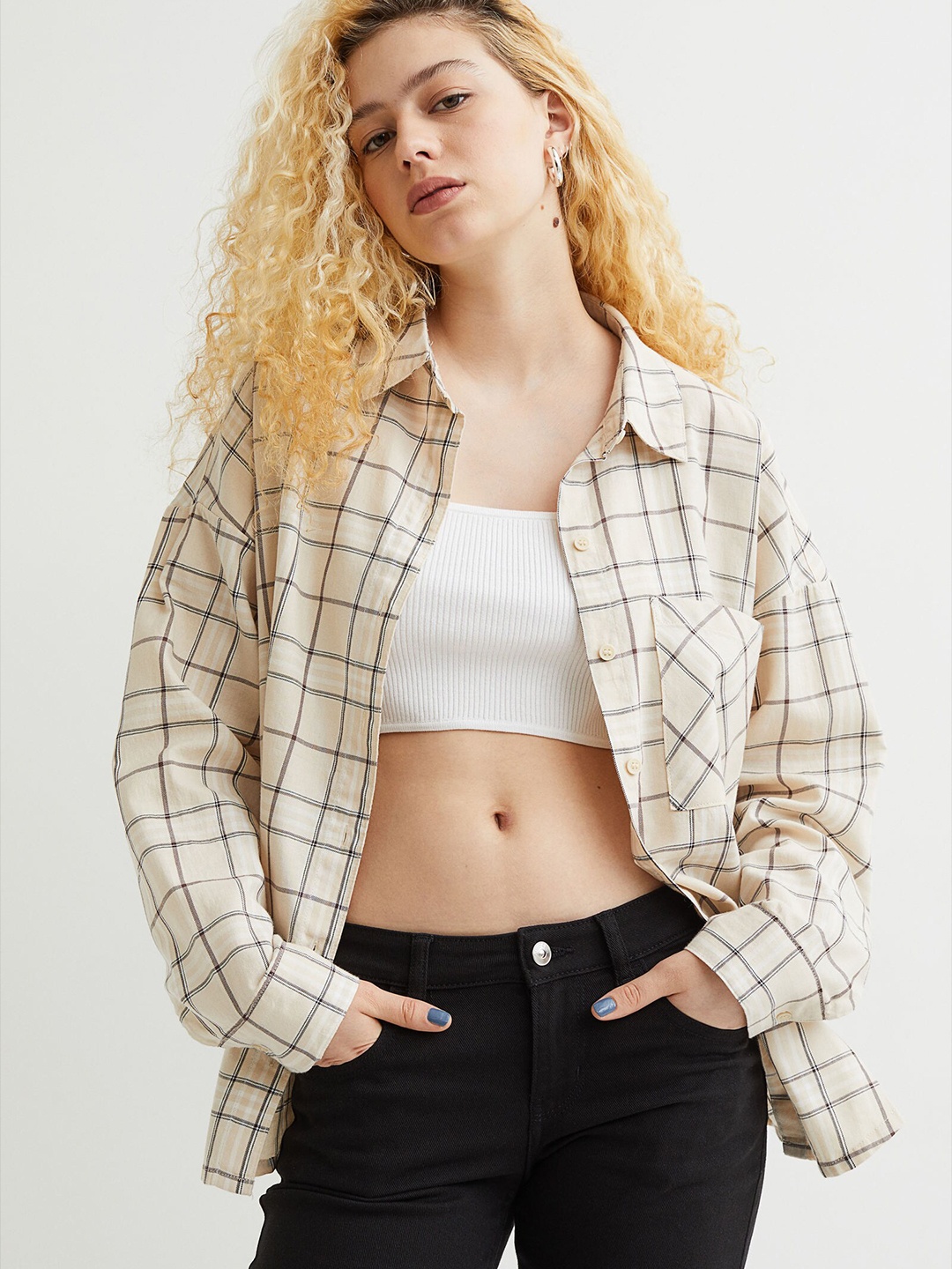 

H&M Women Beige & Black Checked Shirt