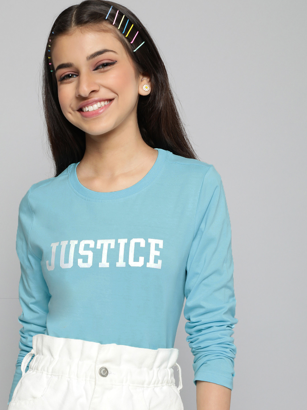 

JUSTICE Girls Blue & White Typography Printed Pure Cotton T-shirt