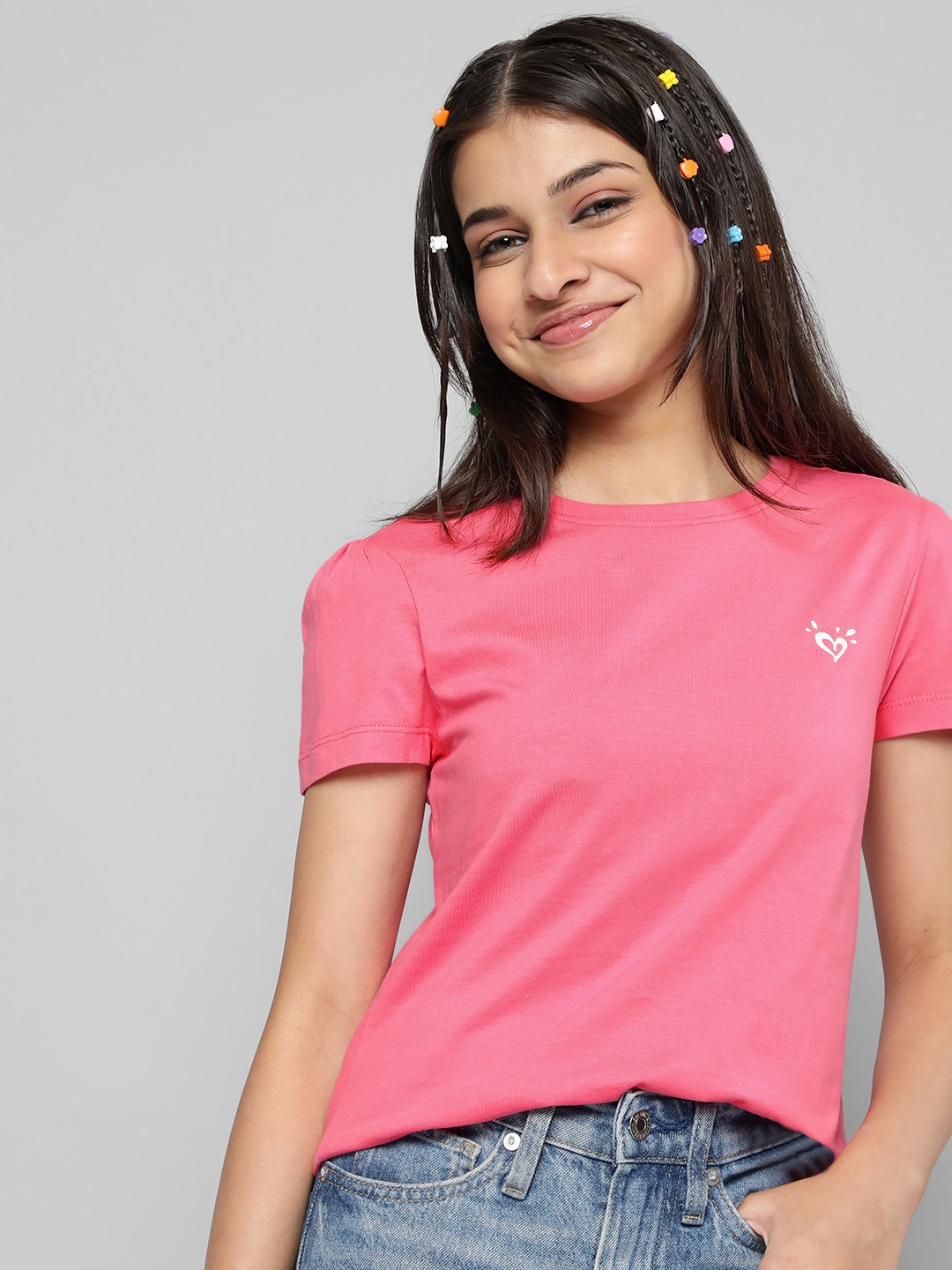 

JUSTICE Girls Pink Solid Pure Cotton T-shirt