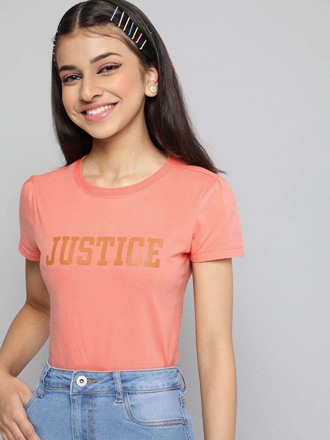 

JUSTICE Girls Peach-Coloured Brand Logo Printed Pure Cotton T-shirt