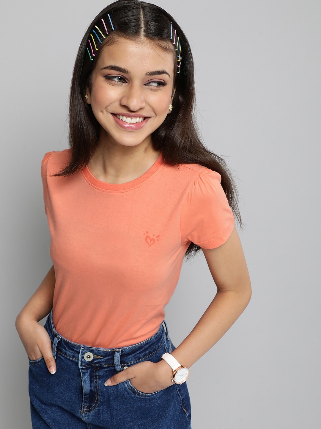 

JUSTICE Girls Orange Solid Pure Cotton T-shirt
