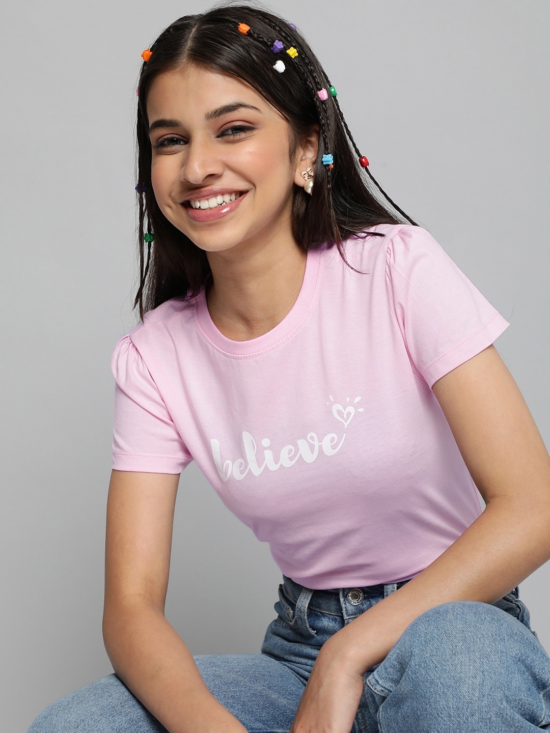 

JUSTICE Girls Pink & Green Set of 2 Typography Printed Pure Cotton T-shirts